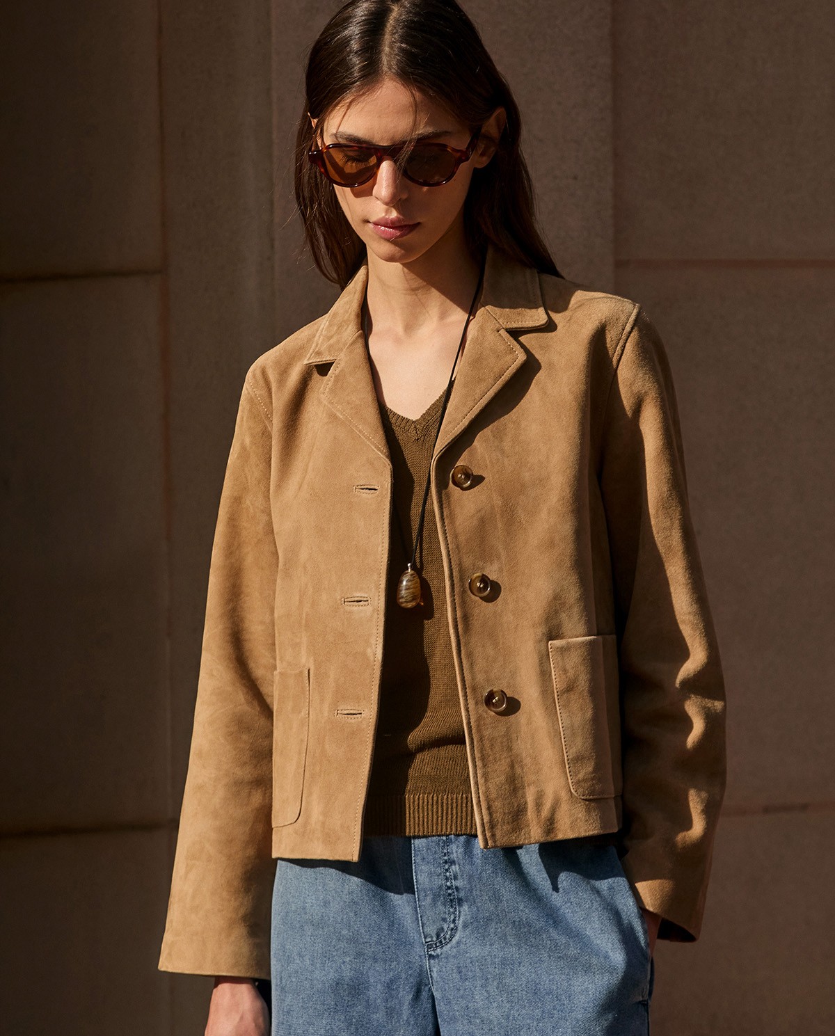 YERSE - Chaqueta de ante cuello solapa