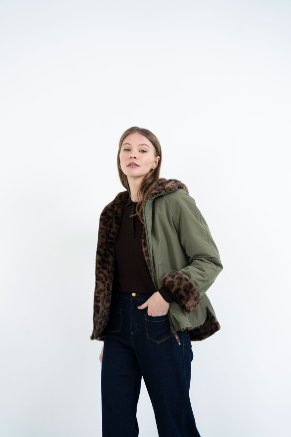 HONGO · Chaqueta kaki con pelo animal print - Imagen 2