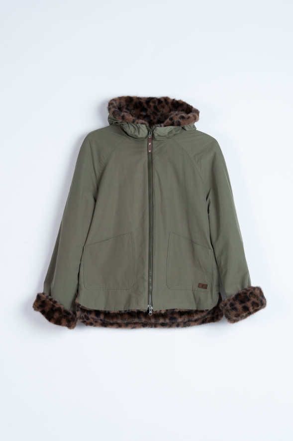 HONGO · Chaqueta kaki con pelo animal print - Imagen 5